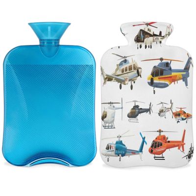 Aircraft Helicopters Pattern Hot Water Bottle with Cover 2L Large Capacity Bottle Water Bag for Cosy Nights Relief Pain Back Neck and Shoulders