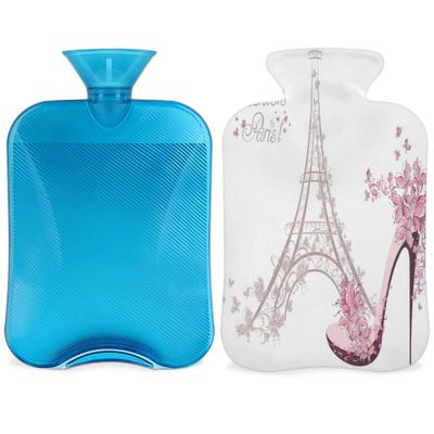 Fashion Paris Eiffel Tower Hot Water Bottle with Cover 2L Large Capacity Bottle Water Bag for Cosy Nights Relief Pain Back Neck and Shoulders