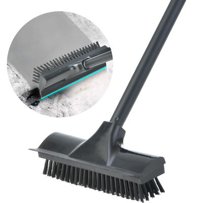 2 in 1 Floor Scrub Brush with Long Handle, Scrape and Brush Stiff Bristle Shower Cleaning Sweeping Deck Push Broom Brush for Kitchen, Bathroom, Patio, Wall and Deck (Black)