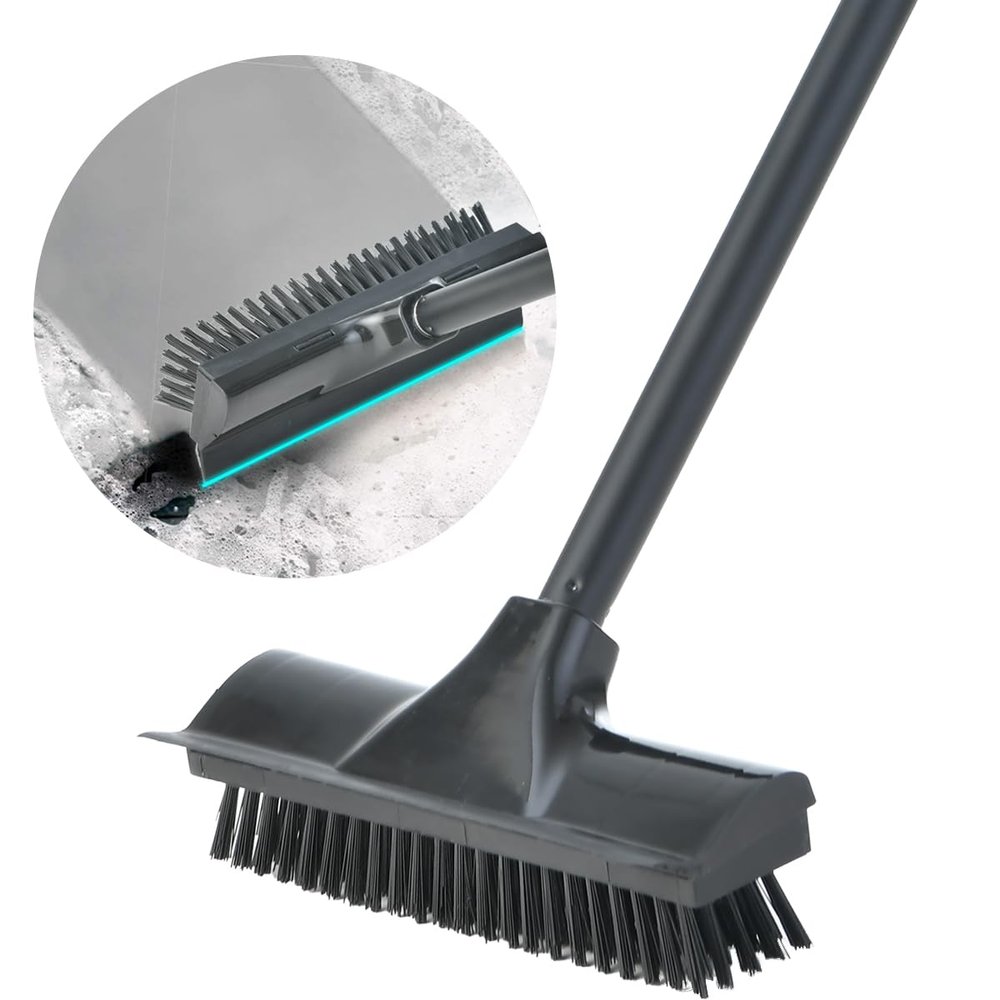 2 in 1 Floor Scrub Brush with Long Handle, Scrape and Brush Stiff Bristle Shower Cleaning Sweeping Deck Push Broom Brush for Kitchen, Bathroom, Patio, Wall and Deck (Black)