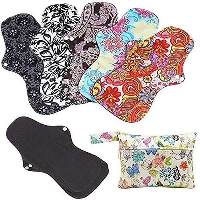 5 Pcs Extra Long Sanitary Pads for Flow Menstrual Pads Reusable Washable Sanitary Towels Pads Charcoal Bamboo Cloth Napkins Postpartum Nursing Pads with Mini Carry Bag Set