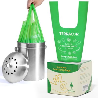 TERRACOR Compost Bags, Handle Tie Food Scrap Bags 3 Gallon,100 Count,Certified by BPI and ASTM D6400, Kitchen Compost Bin Compatible