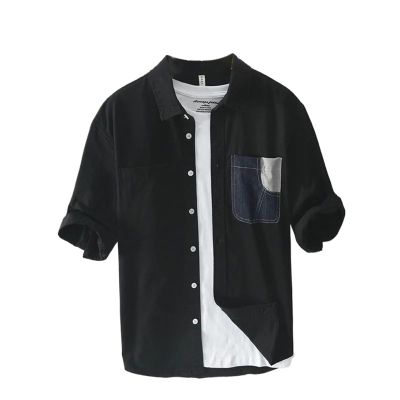 MQMYJSP Summer Men's Casual Half Sleeve Cotton Shirt Color Matching Loose Double Chest Pockets Workwear Tops Shirts for Man Black XL