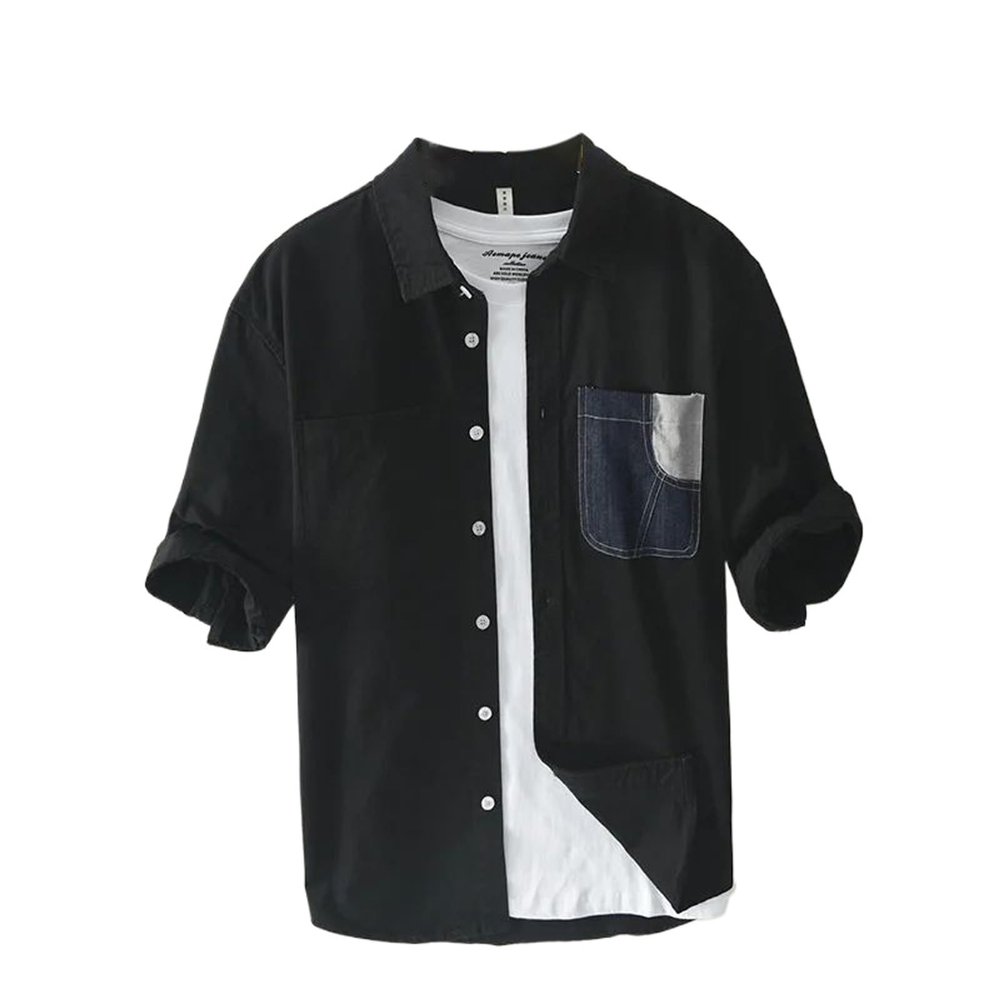 MQMYJSP Summer Men's Casual Half Sleeve Cotton Shirt Color Matching Loose Double Chest Pockets Workwear Tops Shirts for Man Black XL