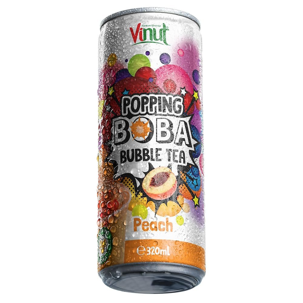 Vinut Popping Boba Bubble Tea 320ml | Natural Fruit Flavours, Ready to Drink - Strawberry, Peach, Mango, Lychee (Peach)
