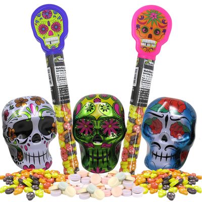 Assorted Day of the Dead Sugar Skull Halloween Candy Bundle - Metal Tin Skulls and Tubes with Hard Candies, 5 Items, Style May Vary