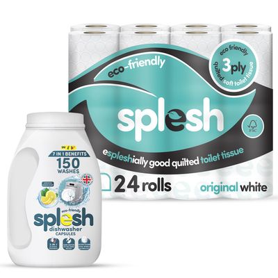 Splesh Cleaning Bundle of 3 Ply Toilet Roll White Original Scented, Soft & Quilted 24 Rolls with Splesh 3 in 1 Dishwasher Tablets Ultimate Freshness, Lemon Scent 150 Washes