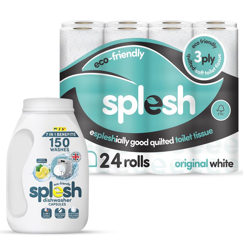 Splesh Cleaning Bundle of 3 Ply Toilet Roll White Original Scented, Soft & Quilted 24 Rolls with Splesh 3 in 1 Dishwasher Tablets Ultimate Freshness, Lemon Scent 150 Washes