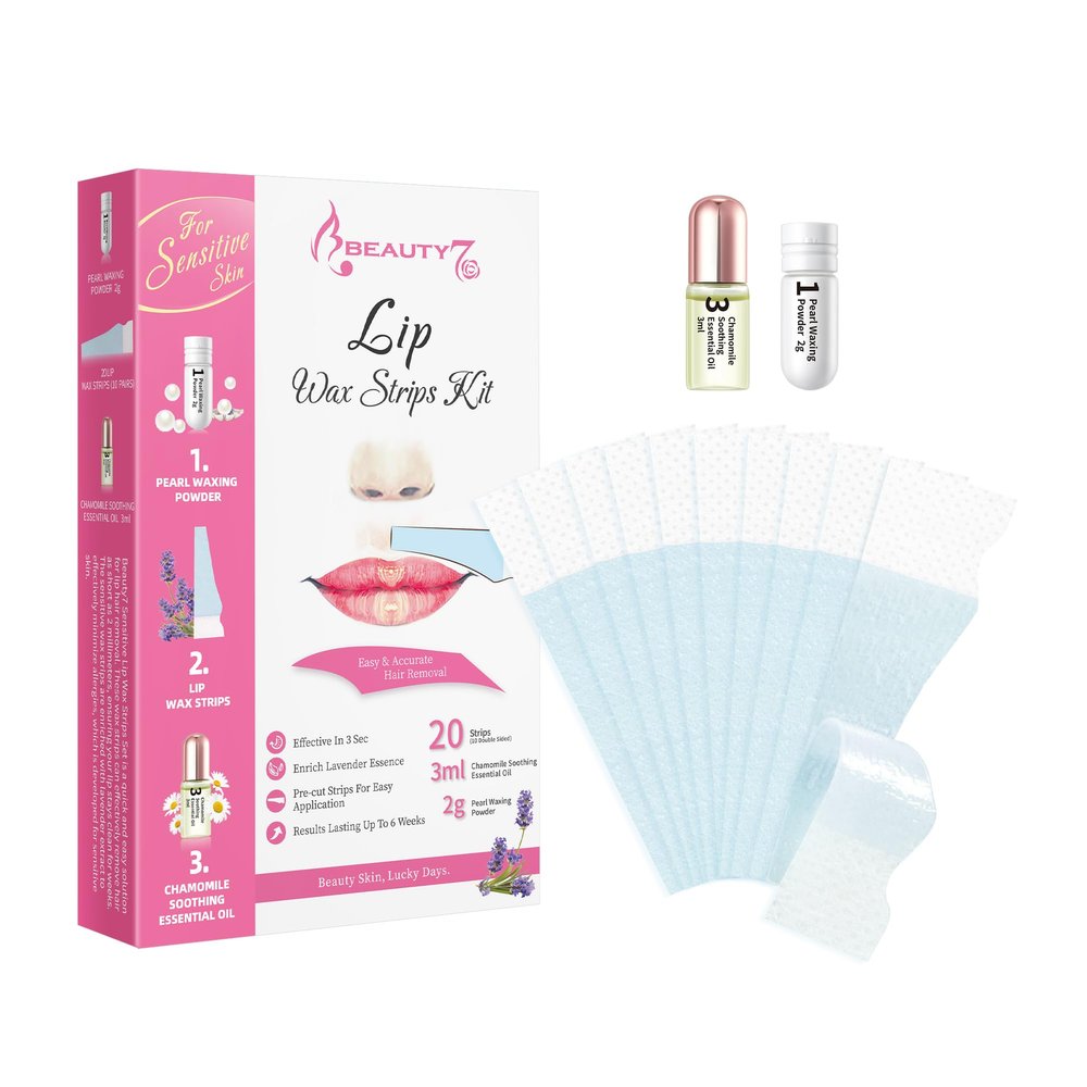 Beauty7 Sensitive Lips Waxing Strips 20pcs Wax Strips with Pearl Powder 2g and Chamomile Essential Oil 3ml After Wax