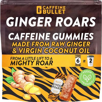 Ginger Roars - Caffeine Chews - 12 Servings Each 33mg with a Delicious Natural Flavour & Fiery hint. Plant Based Energy Shots, a Vegan Healthy Snack for Adults.
