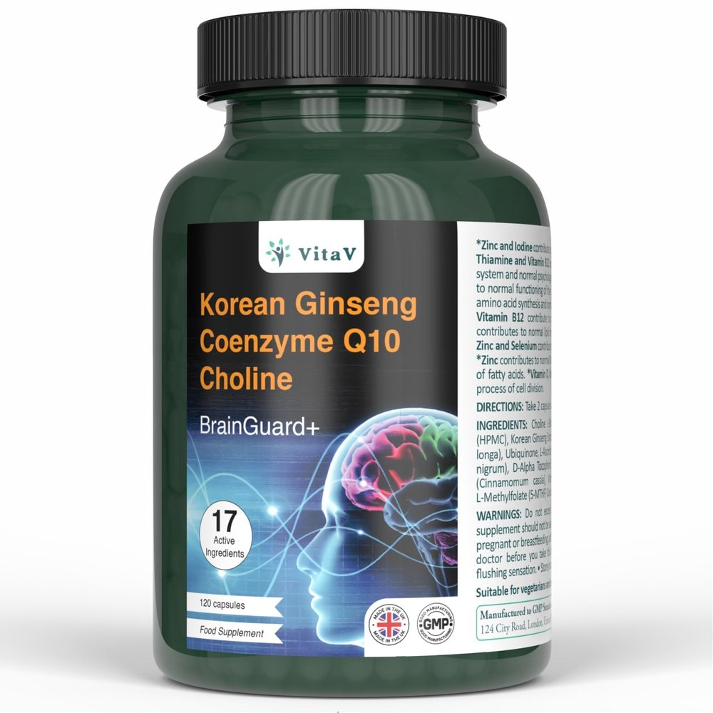 VitaV BrainGuard+ Korean Ginseng Coenzyme Brain Supplement & Focus Supplement for Men & Women | Panax Ginseng Q10 Capsules for Memory, Cognitive Supplement & Energy Booster | 120 Capsules