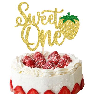 1 Pack Sweet One Cupcake Topper Glitter First Birthday Strawberry Cake Pick for Fruit Baby Shower 1st Birthday Berry Sweet Party Cake Decorations Supplies Gold