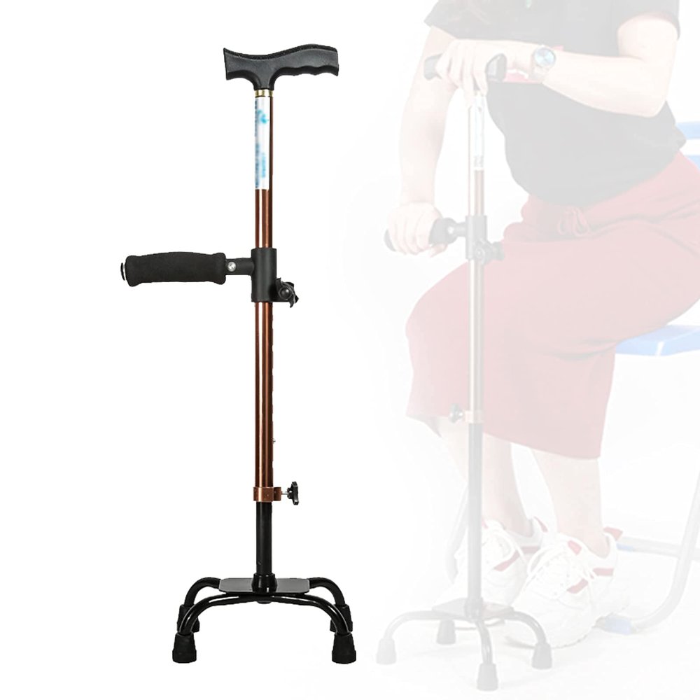 Walking Stick with Stable Quad Cane Base, Brown Adjustable Height Stand Assist Walking Cane for Seniors, Elderly, Disabled