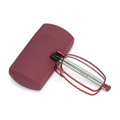 ABETOS Folding Reading Glasses Men Women Metal Pocket Foldable Readers with Flip Case Blue Light Blocking Portable Mini Glasses for Reading, Red+1.0