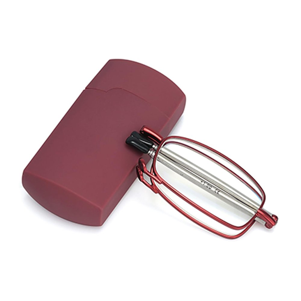 ABETOS Folding Reading Glasses Men Women Metal Pocket Foldable Readers with Flip Case Blue Light Blocking Portable Mini Glasses for Reading, Red+1.0