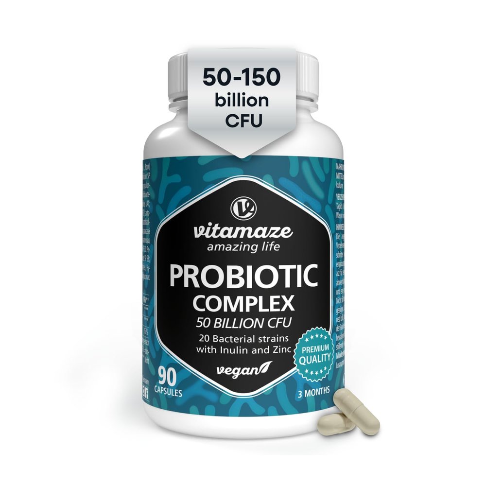 Probiotics for Gut Health - 50 Billion CFU, 20 Strains with Zinc & Inulin (3 Months) - 1 Capsule Per Day Vegan & Gut-Resistant for Digestive Health & Immune Support - European Quality Vitamaze