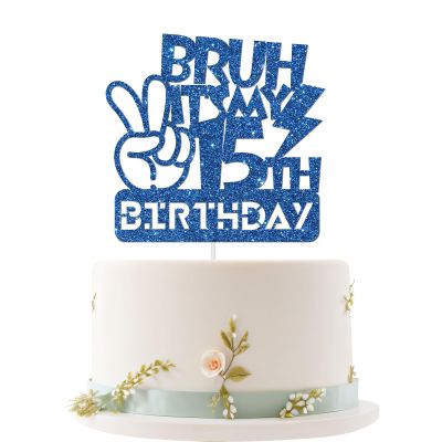 Embhhor Bruh It's My 15th Birthday Cake Topper, Dude Bro I'm 15, Teen Boys Happy 15th Birthday Party Cake Decorations, Blue Glitter(15th)