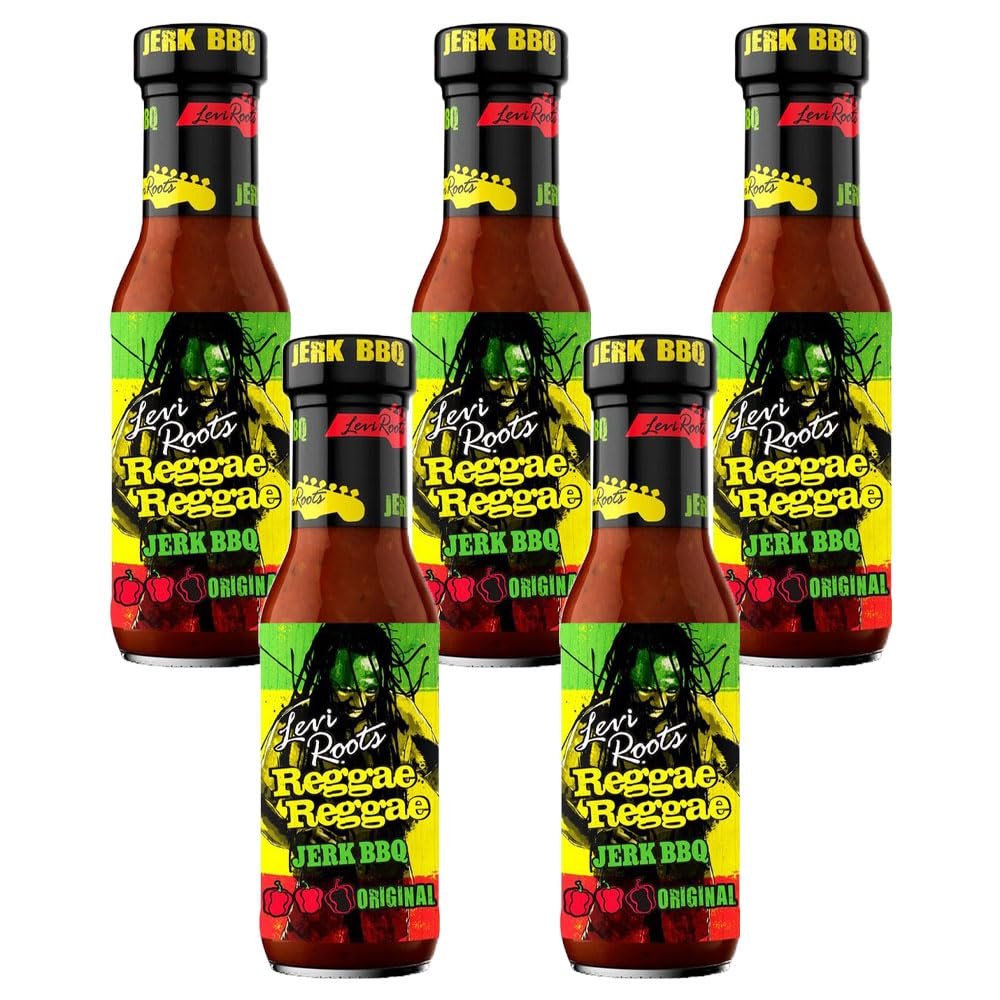 Levi Roots Reggae Jerk BBQ Marinade Sauce Original 290g Pack of 5 Spicy Scotch Bonnet Medium Hot Chilli Gravy Snack Dip Jamaican Barbecue Seasoning with Welari Thank You Card | (5pack) (1450g)