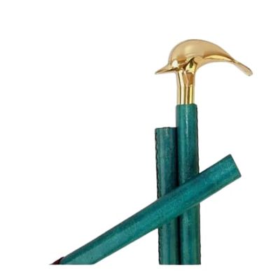 Vintage Walking Stick Brass Designer Dolphin Handle Leather Wooden Cane
