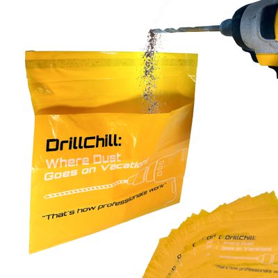 DrillChill Dust Catcher Bags - 30PCS Self-Adhesive, Disposable Dust Collector for Drilling Drywall, Brick, Cement Wall- Leakproof, Easy Stick-On Trash Bags, Keeps Floors Clean, Professional Use
