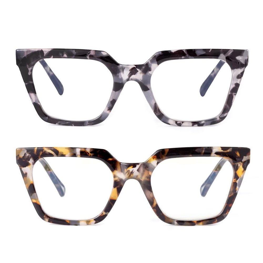 SKYWAY 2 Pack Reading Glasses for Women, Stylish Large Frame Blue Light Blocking Computer Readers, Square Ladies Glasses with Spring Hinge,Black Tortoise/Floral Tortoise,2.0+