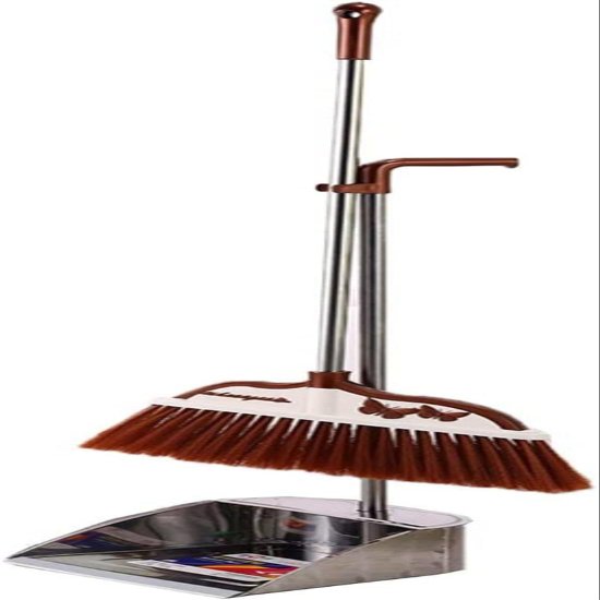 CRPPSYYR Broom and Dustpan Set with Long Handle Broom and Dustpan Set for Home Upright Standing Dust Pan Brooms for Room Kitchen Office Lobby Cleaning Use,Brown