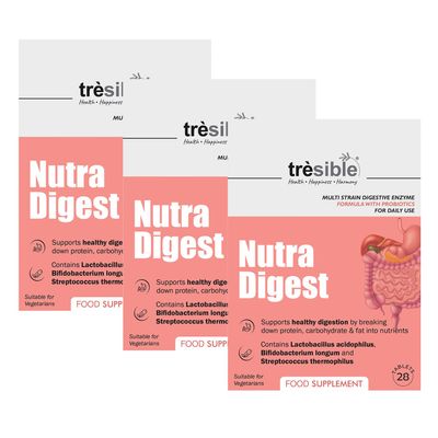 Trsible Digestive Probiotic Supplement | Nutra Digest 84 Tablets | Amylase, Protease, Lactobacillus Acidophilus | Multistrain Enzymes | Vegetarian, Gluten Free, Halal | Pack of 3 (28 Tabs Per Pack)