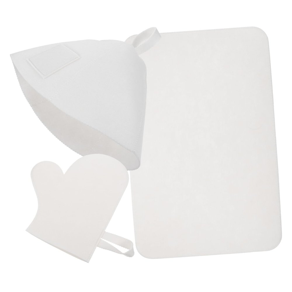 CALLARON White Felt Sauna Hat Glove and Cushion Set for Bath and Bathroom Use, Luxuriously Comfortable and Breathable Sauna Accessories Offering Comprehensive Protection for Hair and Hands