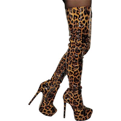SPONYBORTY Women's Fashion Leopard Overknee Boots Sexy Platform Thigh High Boots Fetish High Heels Stripper Club Show Pumps Shoes high/F/46EU