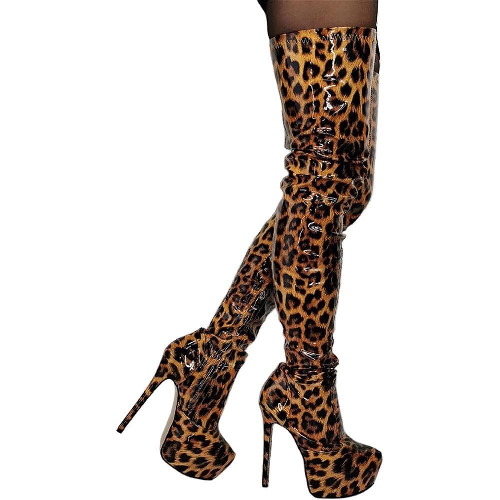SPONYBORTY Women's Fashion Leopard Overknee Boots Sexy Platform Thigh High Boots Fetish High Heels Stripper Club Show Pumps Shoes high/F/46EU