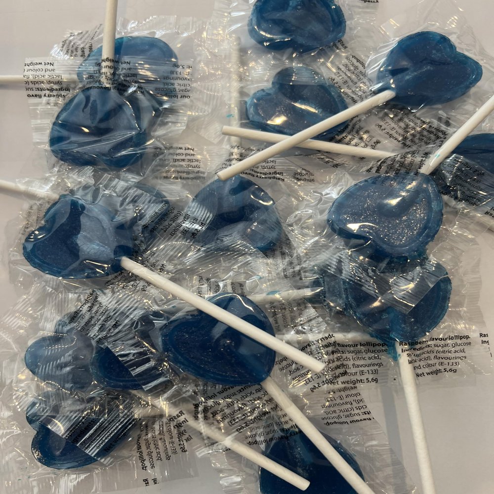 Blue HEART raspberry lollipops x 25
