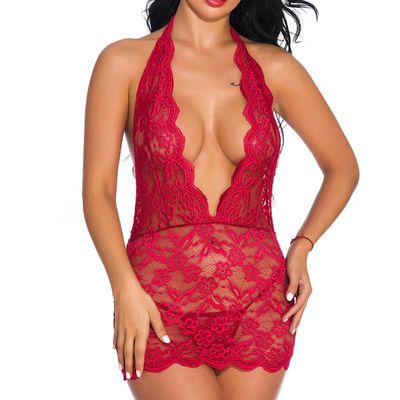 Avfora Erotic Lingerie Neck Tie Deep V Backless Lace Hollow Out Sexy Nightwear Home Wear,Red,XL