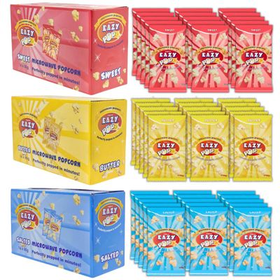 Microwavable popcorn kernels VEGAN, NO SUGAR (48 bags) - sweet butter salted pop corn - Eazy Pop Microwave popcorn (48 x 85g Assorted)