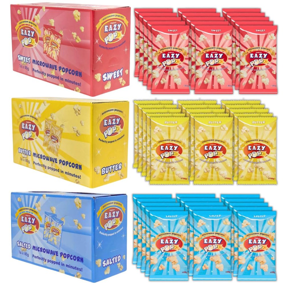 Microwavable popcorn kernels VEGAN, NO SUGAR (48 bags) - sweet butter salted pop corn - Eazy Pop Microwave popcorn (48 x 85g Assorted)