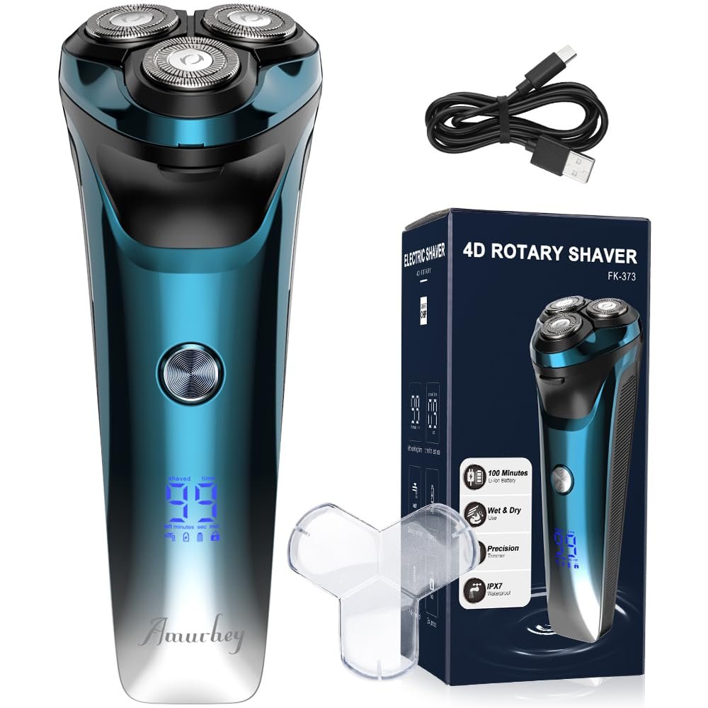 Amurhey Men's Electric Shaver, IPX7 Wet & Dry, Flexible 360 Shaving Heads, USB-C, 120 Min Running Time, Blue