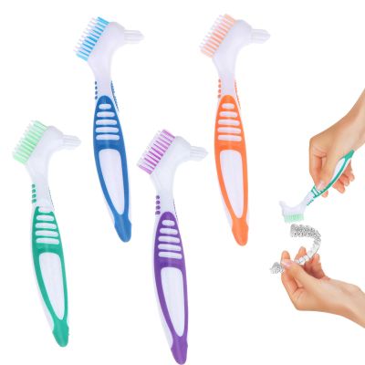 Denture Brush - 4 Pcs Double Bristle Head Toothbrush, False Teeth Brush for Cleaning Retainers (Blue, Purple, Green, Orange)