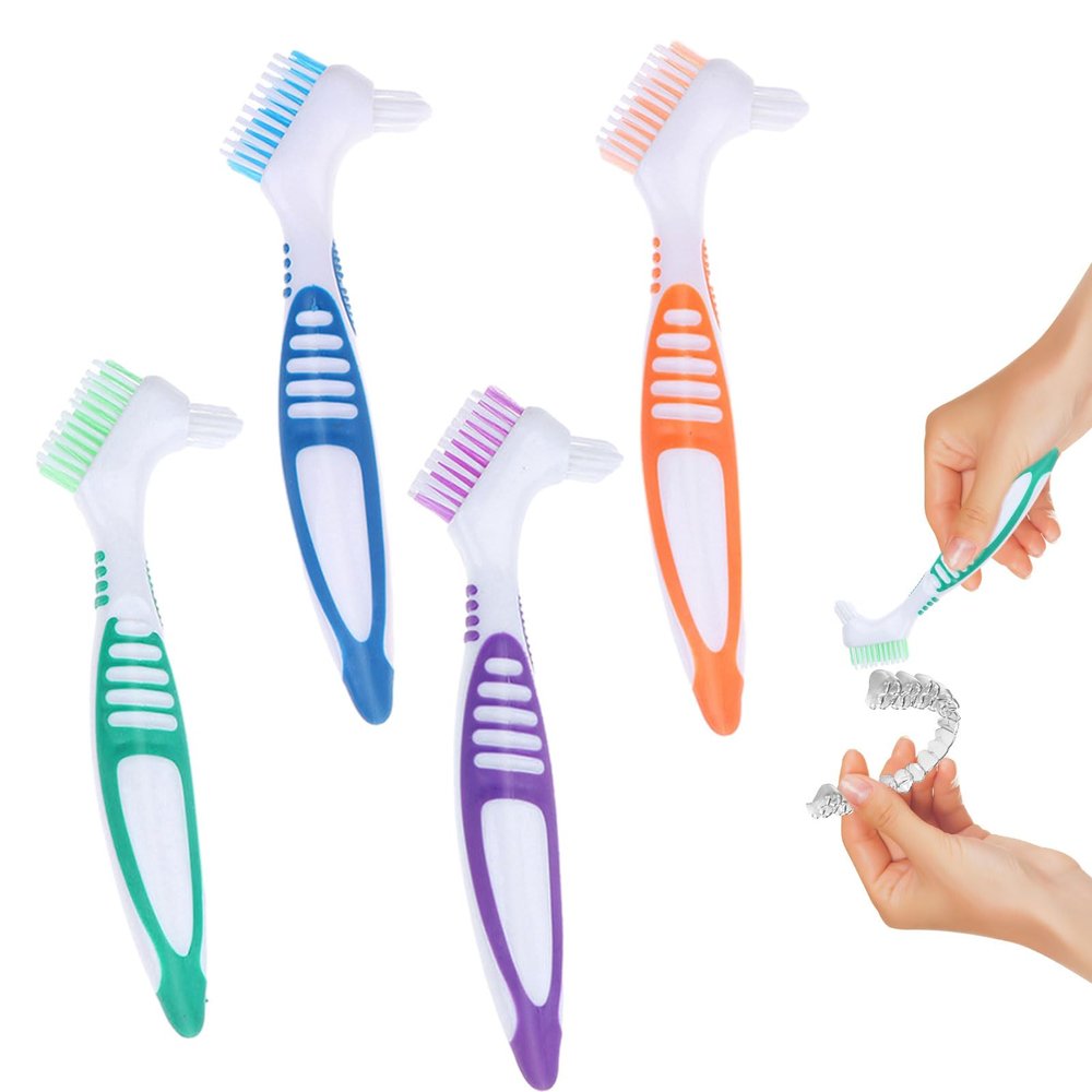 Denture Brush - 4 Pcs Double Bristle Head Toothbrush, False Teeth Brush for Cleaning Retainers (Blue, Purple, Green, Orange)