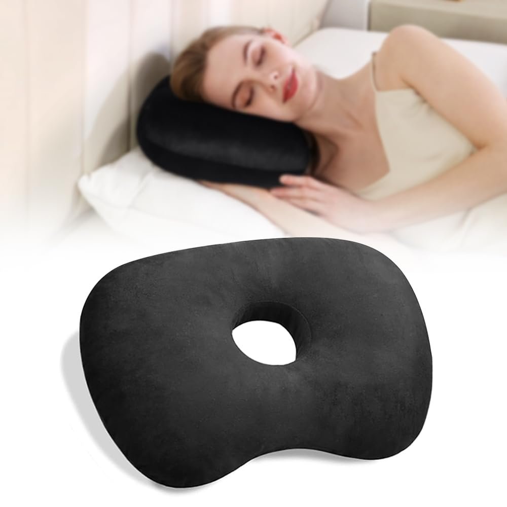 Babyezz Ear Piercing Pillow with an Ear Hole for CNH and Ear Pain Ear Inflammation Pressure Sores for Side Sleepers, Washable and Adjustable Polyester and Cotton Side Sleeping Ear Pillow (Balck)