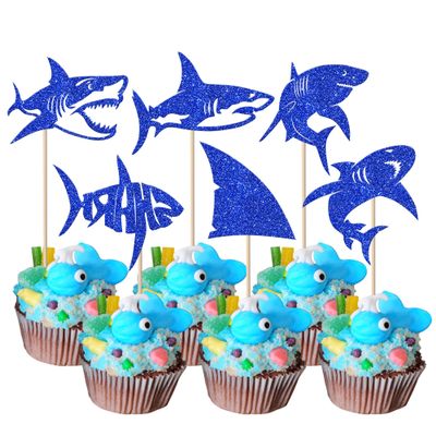 Rsstarxi 24 Pack Shark Cupcake Toppers Shark Birthday Party Decoration Shark Fin Cupcake Picks for Shark Theme Baby Shower Birthday Party Cake Decorations Deep Blue
