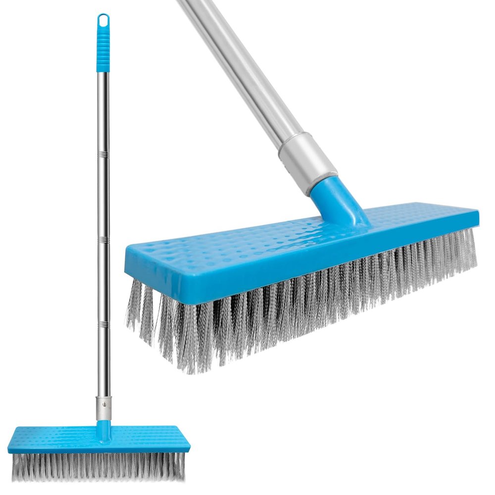 11.8 Heavy Duty Push Broom Brush with 60" Long Handle,Stainless Steel Deck Scrub Brush,Outdoor Broom for Cleaning Bathroom, Kitchen, Patio, Garage, Deck, Concrete,Stone, and Tile Floors