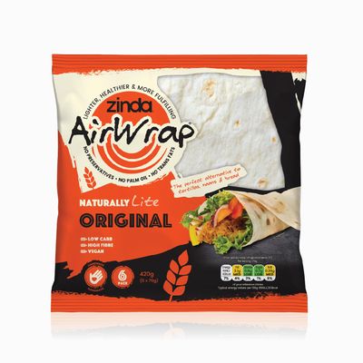 Zinda Orignal Tortilla Natural Air Wrap, 6x70g Wraps, Just 5 Ingredients, No Preservatives, No Palm Oil, No Trans Fats, Low Carb, High Fibre, Vegan Wrap.