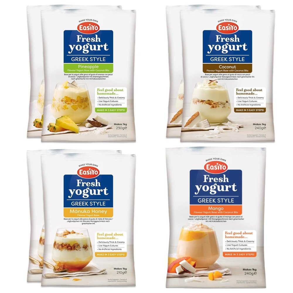 EasiYo Yogurt 7 Sachet Pack | EasiYo Greek Style Pack | 2 x G/S Coconut & Bits 2 x G/S Pineapple and Coconut Bits 2x G/S Manuka Honey 1x G/S Mango & Coco nut Bits | Each Sachet Makes 1kg of Yogurt