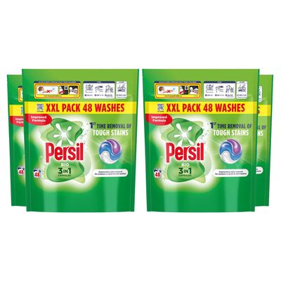 Persil XL 3-in-1 Washing Capsules Outstanding Stain Removal with No Residues Even in Quick and Cold Washes 7 Days of Lasting Freshness Washing Pods 48 Washes (Buy 4, Bio)