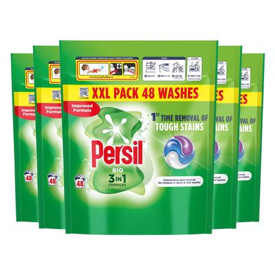 Persil XL 3-in-1 Washing Capsules Outstanding Stain Removal with No Residues Even in Quick and Cold Washes 7 Days of Lasting Freshness Washing Pods 48 Washes (Buy 5, Bio)