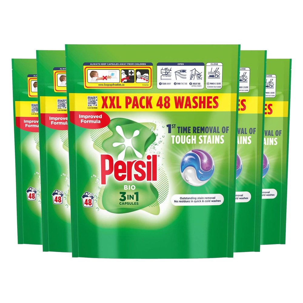 Persil XL 3-in-1 Washing Capsules Outstanding Stain Removal with No Residues Even in Quick and Cold Washes 7 Days of Lasting Freshness Washing Pods 48 Washes (Buy 5, Bio)