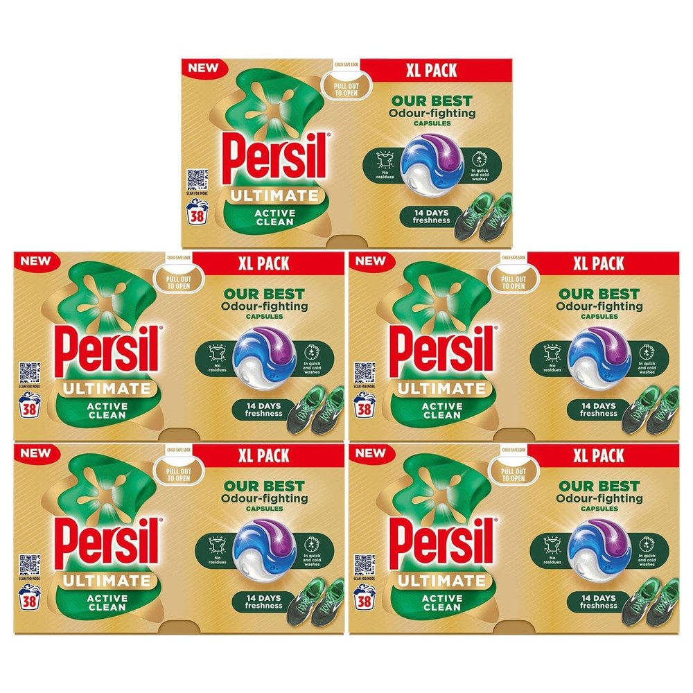 Persil XL Ultimate Washing Capsules Outstanding Stain Removal Even in Quick and Cold Washes Uplifting Comfort Fragrance Recyclable Plastic-Free Packaging, 38 Washes (Buy 5, Active Clean)