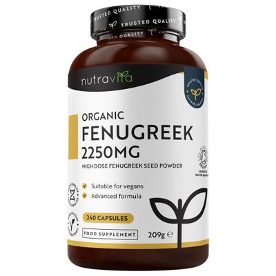 Nutravita Organic Fenugreek Capsules - Up to 8 Months of Supply and 2250mg, 240 Capsules 100% Pure Fenugreek Powder - Soil Association Certified, Vegan Supplement, Made in The UK