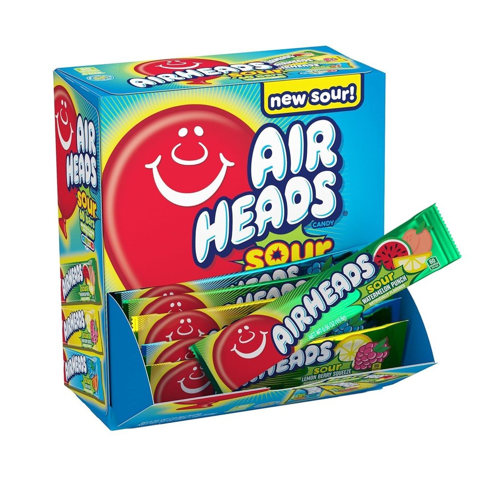 Airheads Sour Bars, Variety Box, Sour Watermelon Punch, Blue Blast and Lemon Berry Squeeze Flavour, 60 Individually Wrapped Full Size Bars