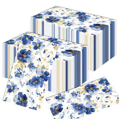 120 Pcs Blue & White Napkins - Blue Floral Disposable Hand Towels for Bathroom, Wedding, Birthday, Baby Shower & Party Supplies