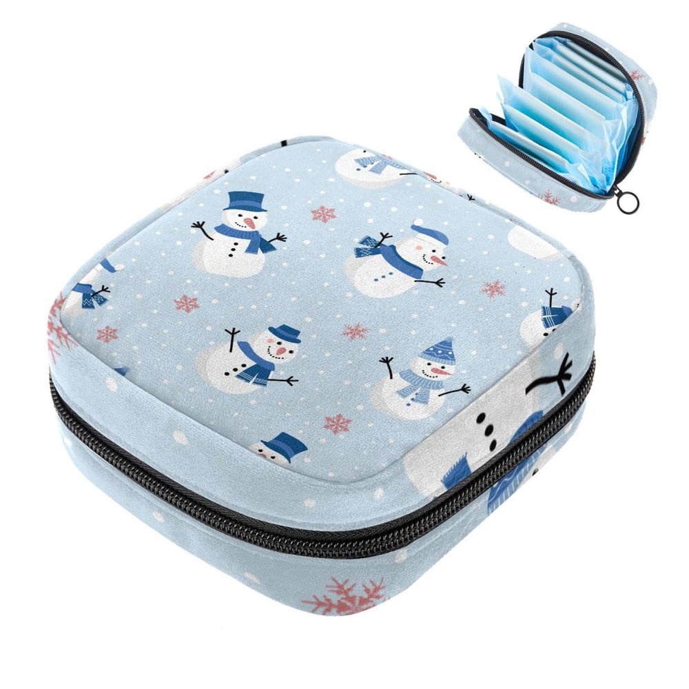 Sanitary Napkin Storage Bag, Merry Christmas Snowman-576 Tampon Zipper Bags Pouch, Period Bag for Teen Girls Feminine Menstruation Purse
